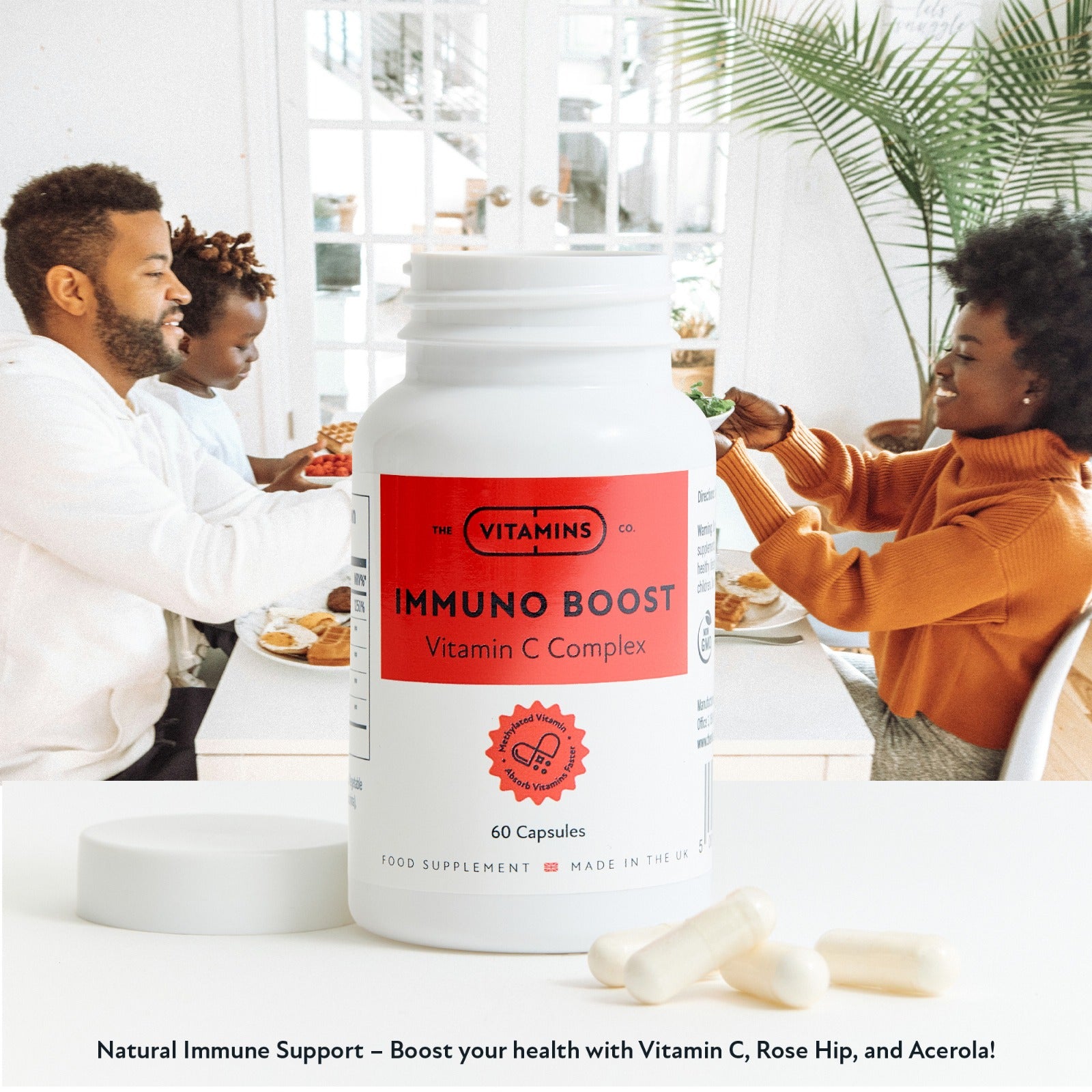Front label of ImmunoBoost – Vitamin C Complex by The Vitamins Co in white plastic bottle