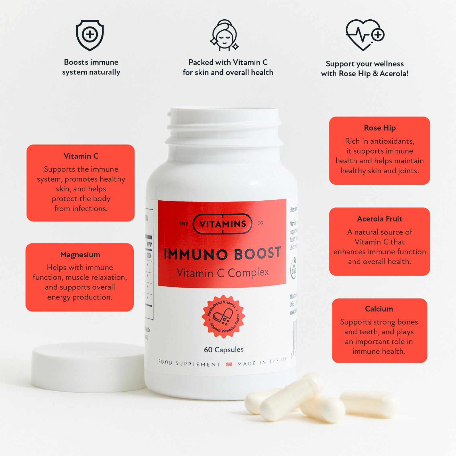 Front label of ImmunoBoost – Vitamin C Complex by The Vitamins Co in white plastic bottle